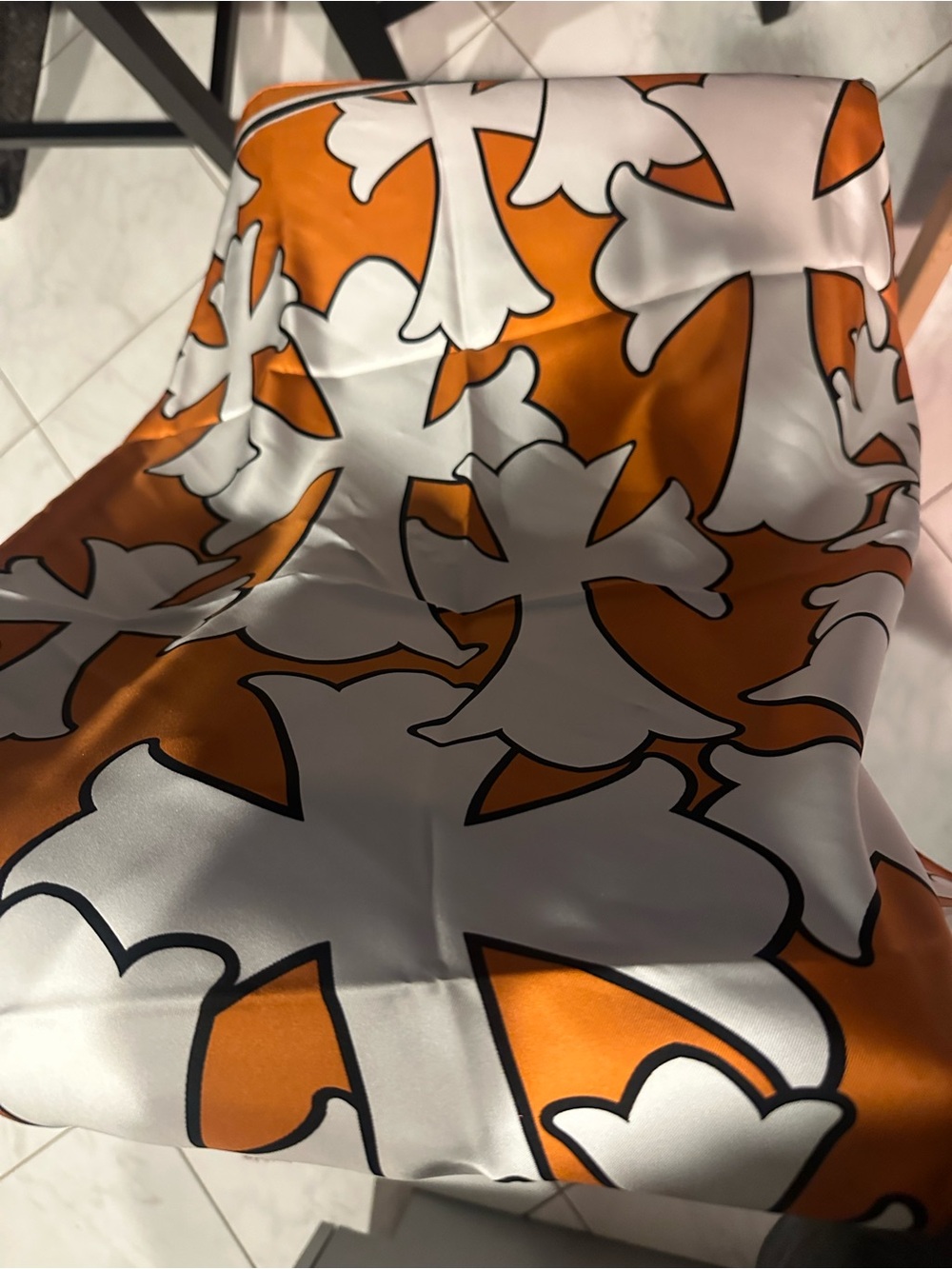 Authentic Chrome Hearts Orange and White Floral Satin Scarf